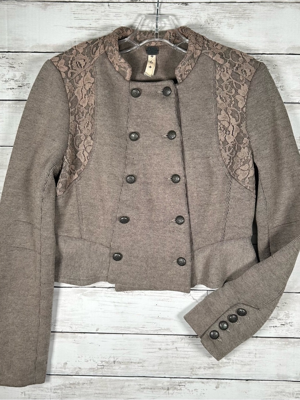 Free People Military Lace Double Breasted Cropped Peplum Tan Black Jacket 6 - Picture 3 of 8